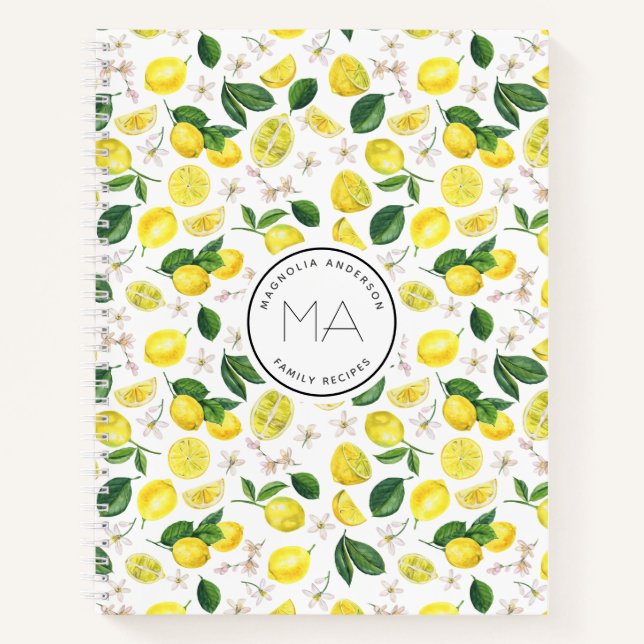 Lemon Muster Monogramm Name Rezept Notizbuch (Vorderseite)