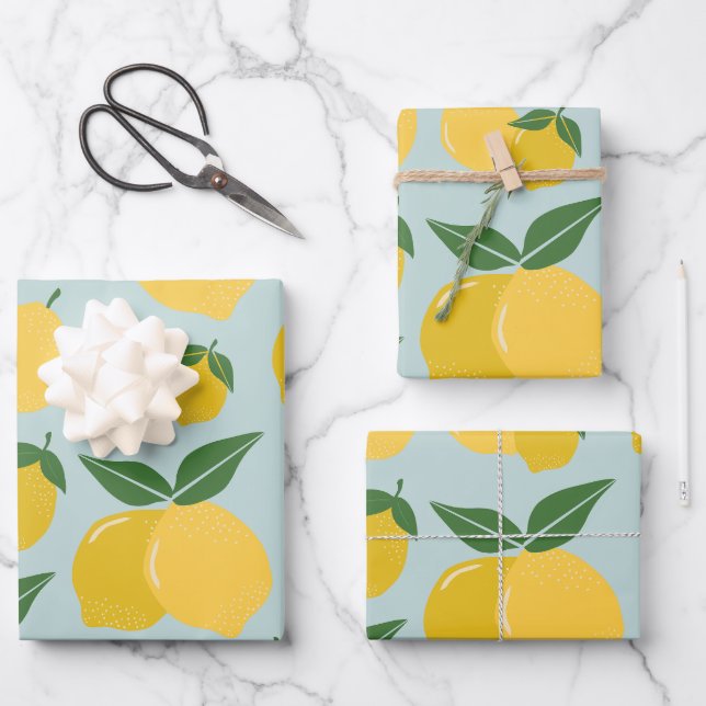 Lemon Muster Retro Frucht gelb auf grün Geschenkpapier Set (Vorderseite)