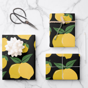 Lemon Muster Retro Frucht gelb auf schwarz Geschenkpapier Set