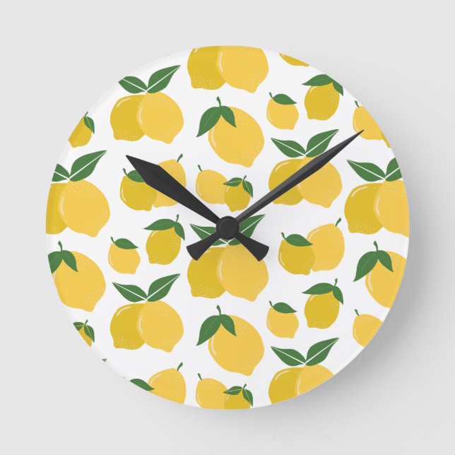 Lemon Muster Retro Frucht gelb auf weiß Runde Wanduhr (Vorderseite)
