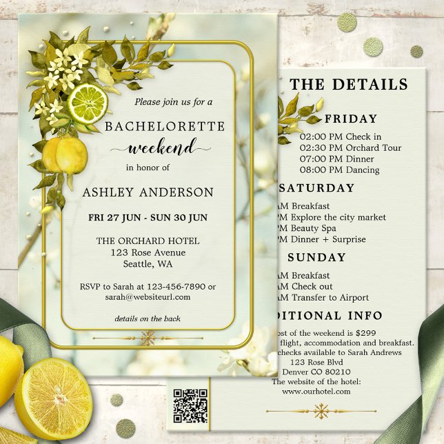 Lemon Orchard Watercolor Bachelorette Einladung (Bachelorette weekend itinerary invite showing watercolor citrus fruits and green leaves with flowers)