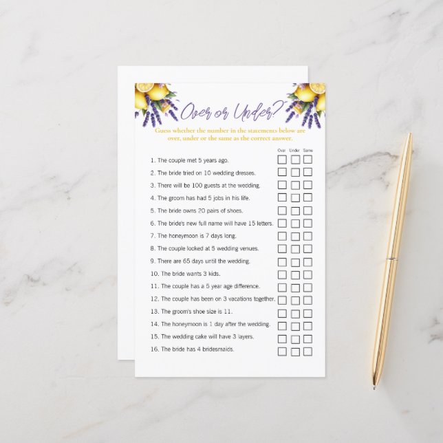 Lemon "Over and Under" Brautparty Game (Vorderseite/Rückseite Beispiel)