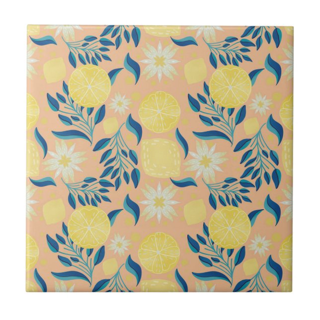 Lemon Pastel Botanisches Muster Fliese (Vorderseite)