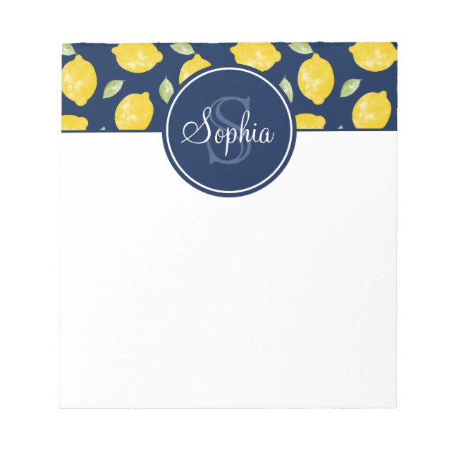 Lemon Pattern Navy Blue Yellow Monogram Notizblock (Vorderseite)