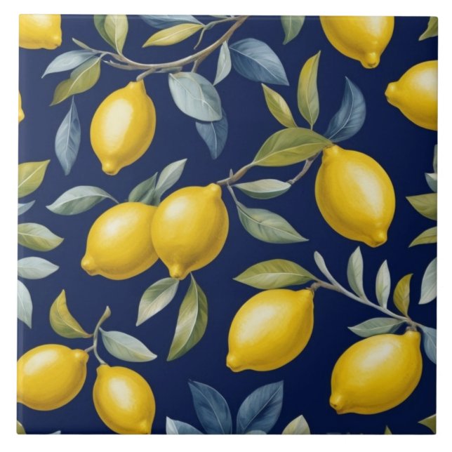 Lemon Pattern on Dark Navy Blue Fliese (Vorderseite)