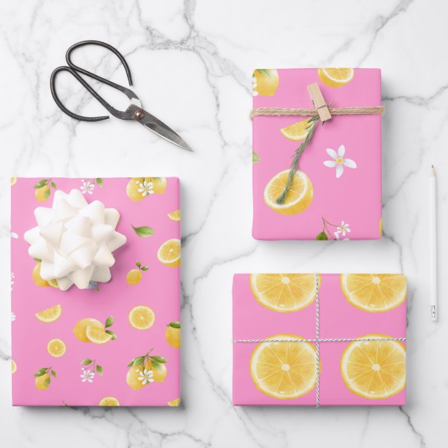 Lemon Pattern Pink Geschenkpapier Set (Vorderseite)