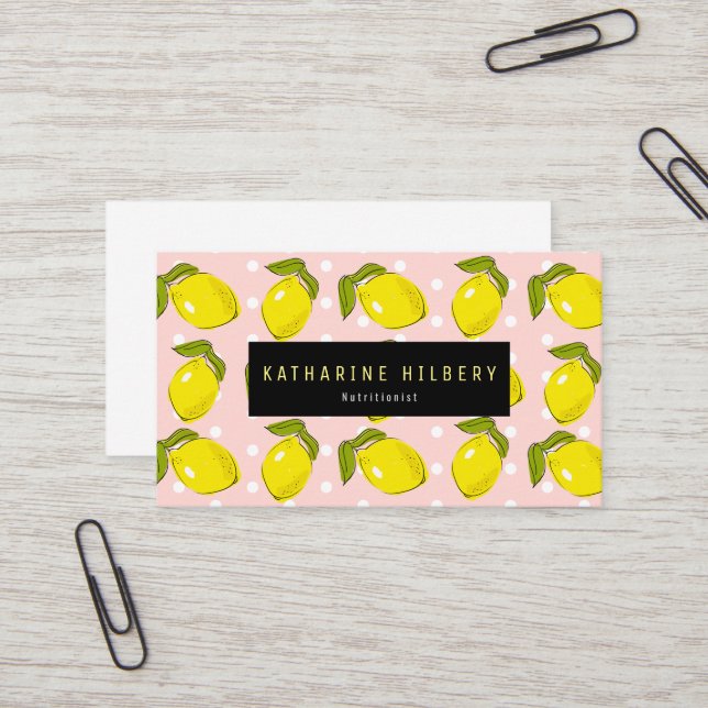 Lemon Pattern Polka Dot Blush Pink Business Card Visitenkarte (Vorderseite/Rückseite Beispiel)