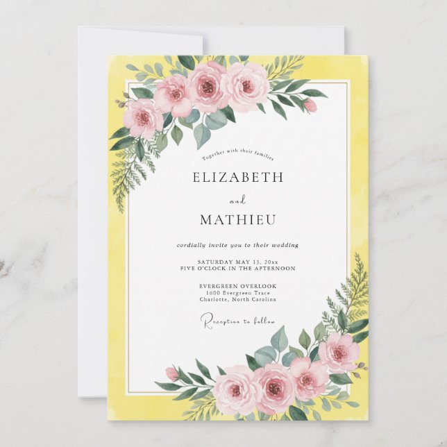 Lemon Pink Bloom Hochzeit Einladung (Vorderseite)