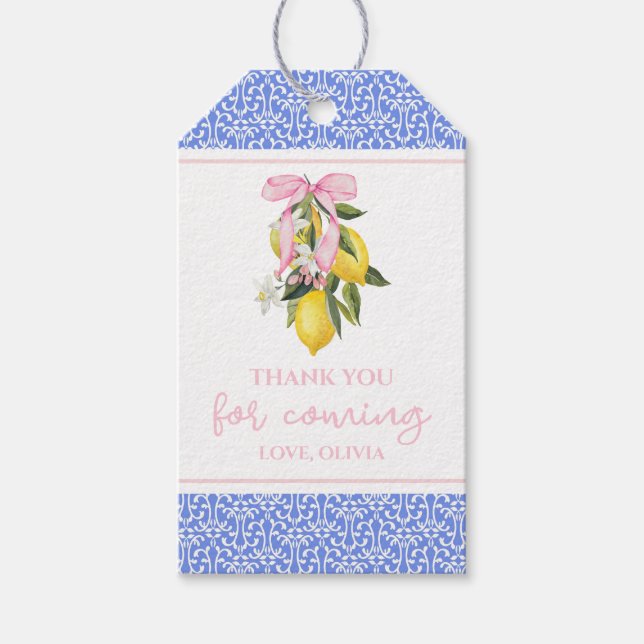 Lemon Pink Bow Preppy Baby Dusche Geschenkanhänger (Vorderseite)