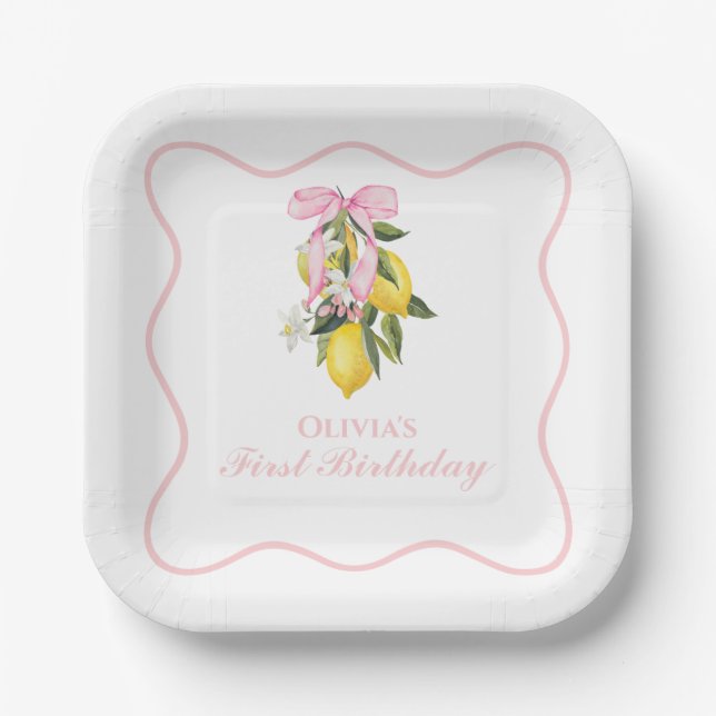 Lemon Pink Bow Preppy Coquette 1. Geburtstag Pappteller (Vorderseite)