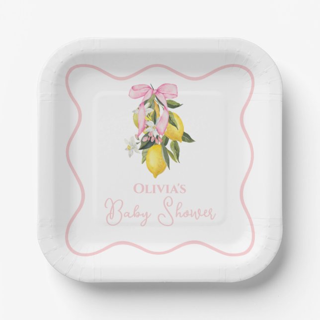 Lemon Pink Bow Preppy Coquette Baby Dusche Pappteller (Vorderseite)