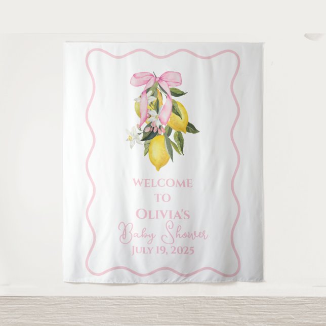 Lemon Pink Bow preppy Coquette Baby Shower welcome Wandteppich (Vorderseite)