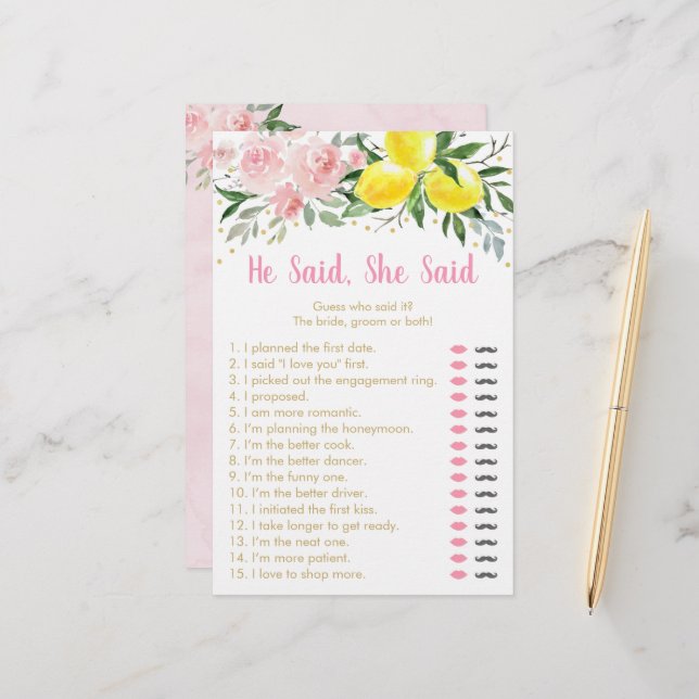 Lemon Pink Floral Er sagte, sie sagte Bridal Spiel (Vorderseite/Rückseite Beispiel)