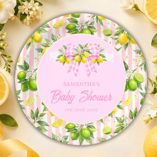 Lemon & Pink Gingham-Schleife Baby Shower Pappteller