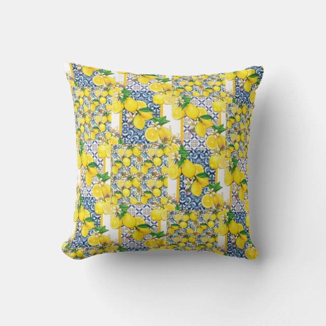 Lemon Portugiesisch Azulejo Mittelmeer Santorini Kissen (Vorderseite)
