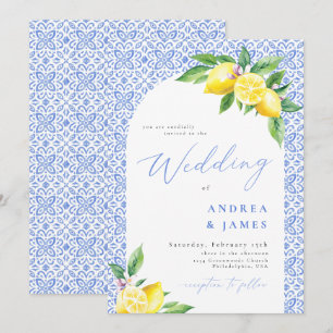 Lemon Positano Italian Blue Tile Wedding Einladung