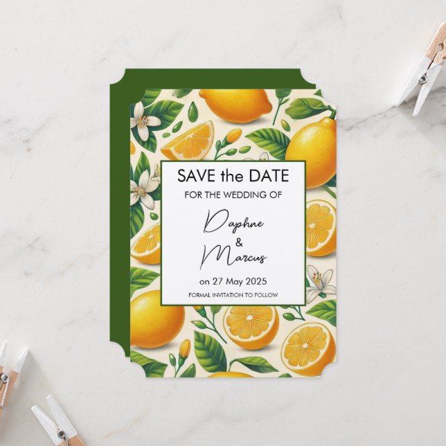 Lemon Print Save the Date Hochzeitseinladung Einladung (Vorderseite/Rückseite Beispiel)