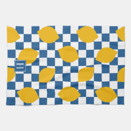 Lemon Rustic Farmhouse Blue White Check Monogram Geschirrtuch