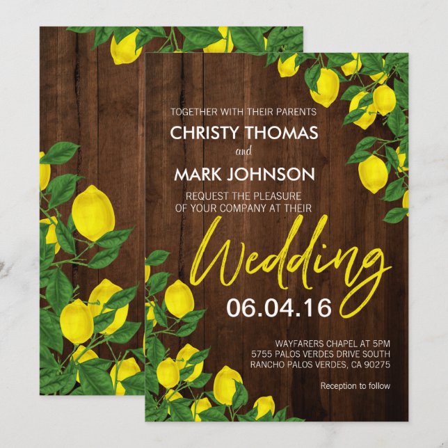 Lemon Rustic Wood Summer Wedding Einladung (Vorne/Hinten)
