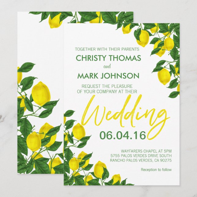 Lemon Summer Modern Yellow Wedding Einladung (Vorne/Hinten)