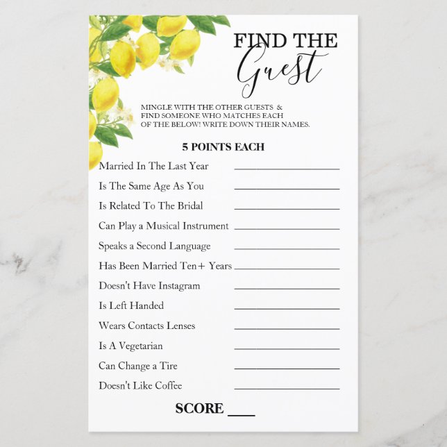 Lemon Theme Find the Guest Game Card (Vorderseite)