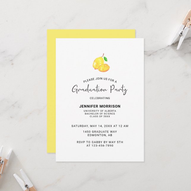 Lemon Theme Graduation Party Boho Moderner Chic Einladung (Vorderseite/Rückseite Beispiel)