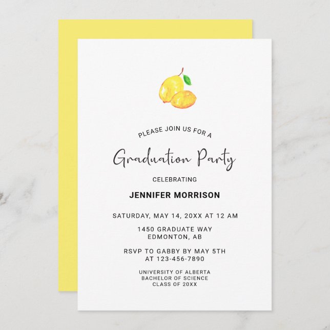 Lemon Theme Graduation Party Boho Moderner Chic Einladung (Vorne/Hinten)
