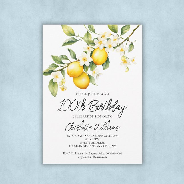 Lemon Theme Watercolo 100. Geburtstagsparty Einladung (Lemon Theme Watercolo 100th Birthday Party Invitation)