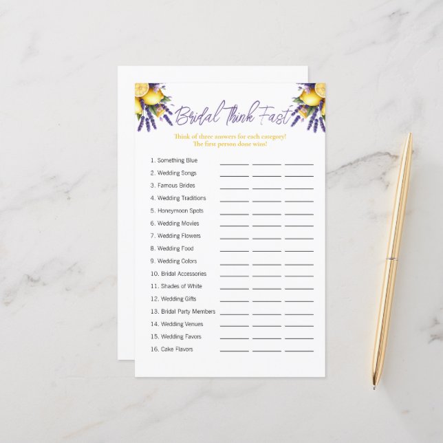 Lemon "Think Fast" Brautparty Game (Vorderseite/Rückseite Beispiel)