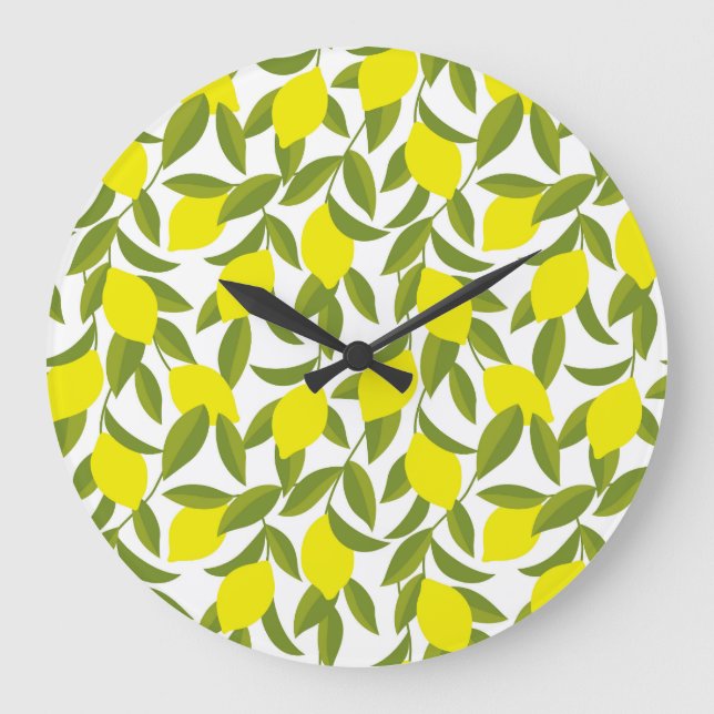 Lemon Tree Art: Gelbe Zitrusfrüchte Nahtlose Muste Große Wanduhr (Vorderseite)