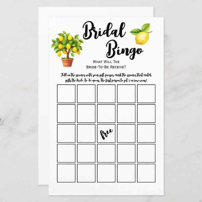 Lemon Tree Citrus Brautparty Bingo Party Game (Vorne/Hinten)