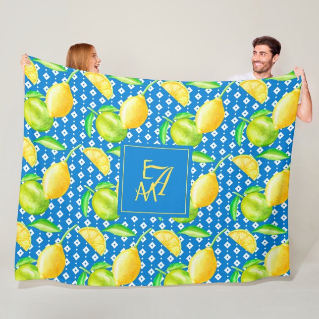 Lemon Tree Ocean Blue MONOGRAM Newlyweds Wedding Fleecedecke (Beispiel)