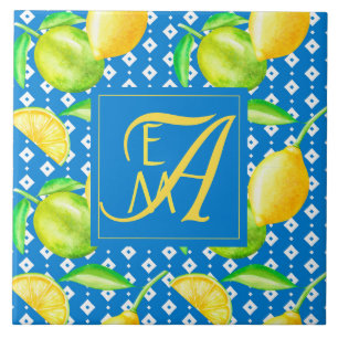 Lemon Tree Ocean Blue MONOGRAM Newlyweds Wedding Fliese