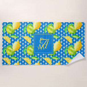Lemon Tree Ocean Blue MONOGRAM Newlyweds Wedding Strandtuch