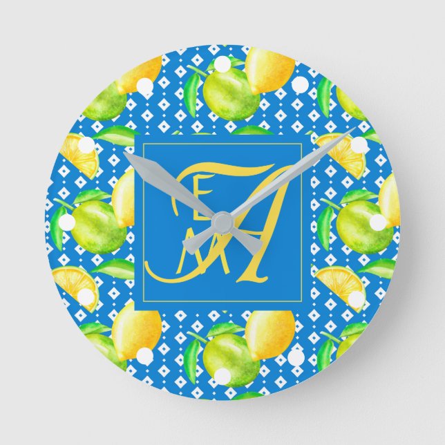 Lemon Tree Ocean Blue MONOGRAM Runde Wanduhr (Vorderseite)