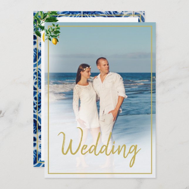 Lemon Tuscan Tile Blue White Foto Wedding Einladung (Vorne/Hinten)