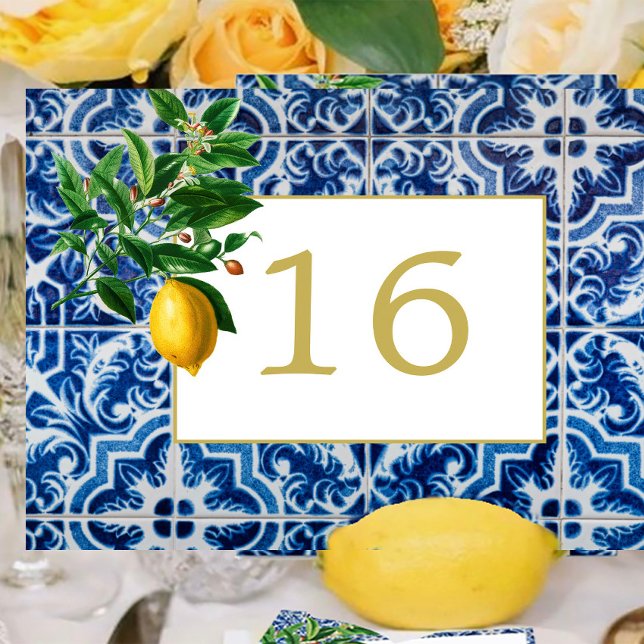 Lemon Tuscan Tile Blue White Wedding Tischnummer (Von Creator hochgeladen)