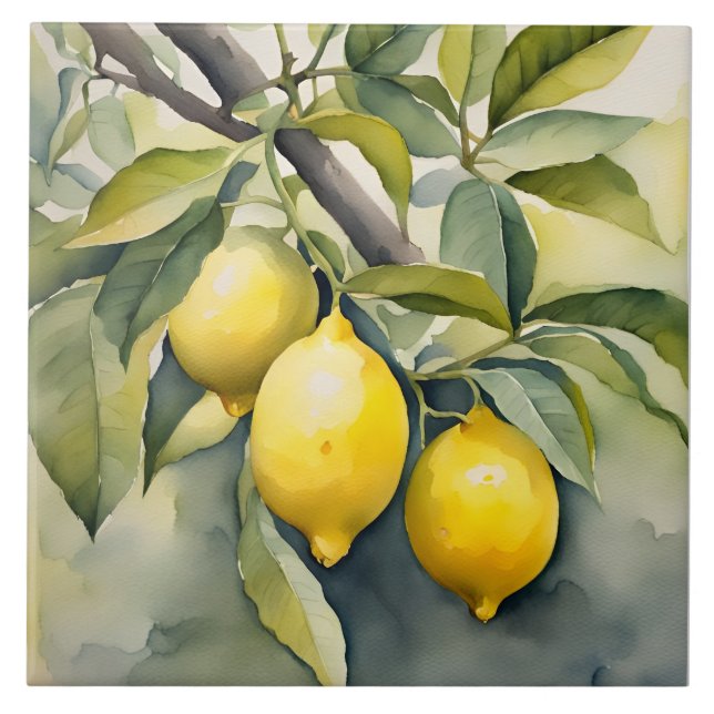 Lemon Tuscany Mediterranean Watercolor Design Fliese (Vorderseite)