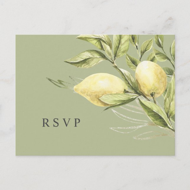 Lemon und Blätter Green Wedding RSVP Postkarte (Vorderseite)