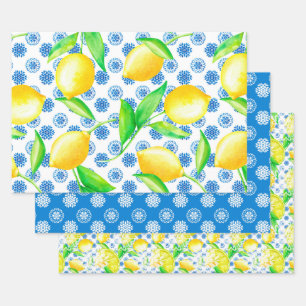 Lemon und Blauer Azulejos Muster Geschenkpapier Set