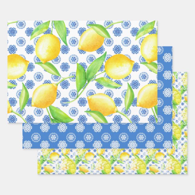 Lemon und Blauer Azulejos Muster Geschenkpapier Set (Set)