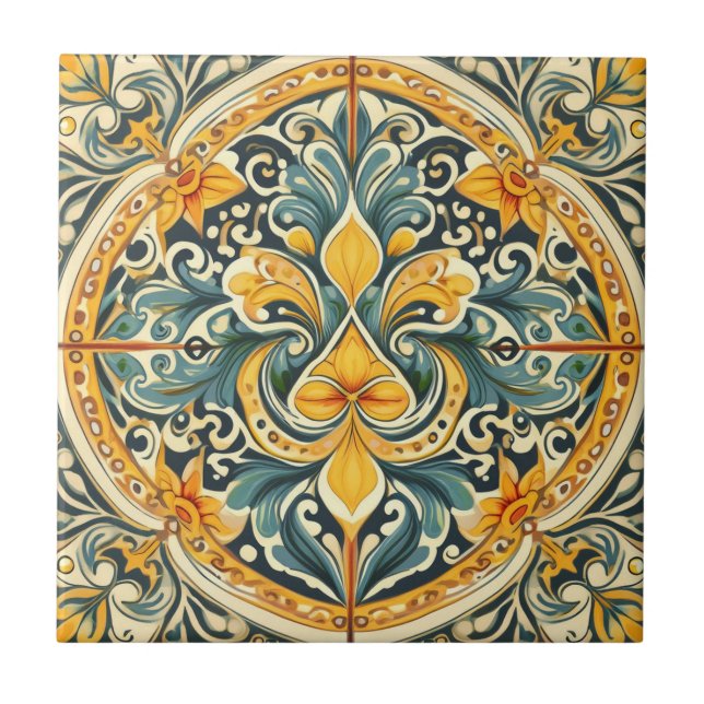 Lemon und Blue Azulejo Lissabon Gemustert Talavera Fliese (Vorderseite)