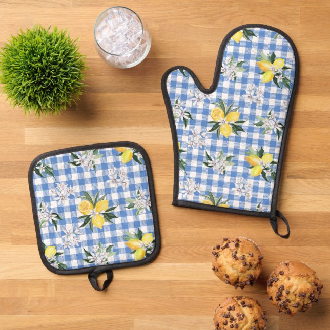 Lemon und Blue Gingham Kitchen Essentials Ofenhandschuh & Topflappen-Set (Oben Unten)