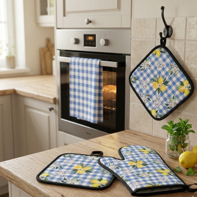 Lemon und Blue Gingham Kitchen Essentials Ofenhandschuh & Topflappen-Set (Von Creator hochgeladen)