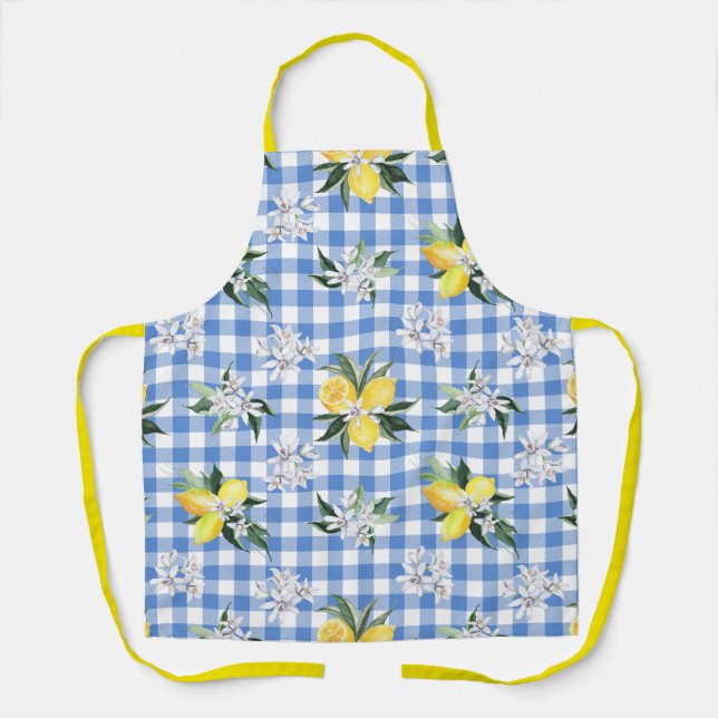 Lemon und Blue Gingham Schürze für den Sommer (Vorderseite)