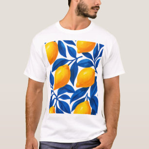 Lemon und Indigo Leaf Botanisches Muster T-Shirt