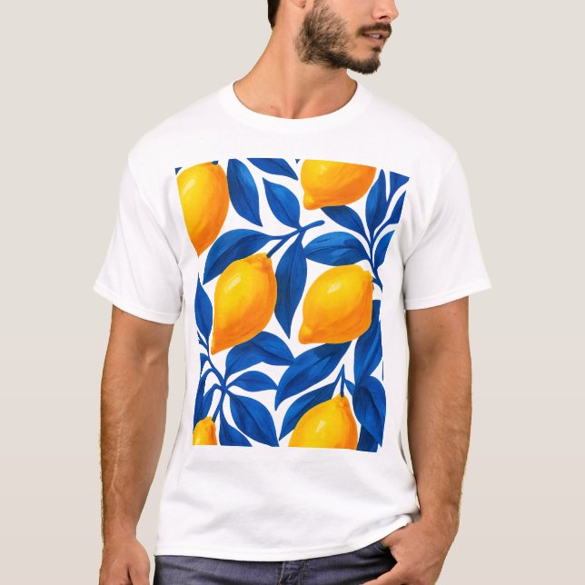 Lemon und Indigo Leaf Botanisches Muster T-Shirt (Vorderseite)