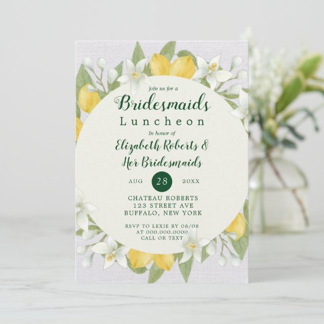 Lemon und Linen Watercolor Bridesmaids Luncheon (Stehend Vorderseite)
