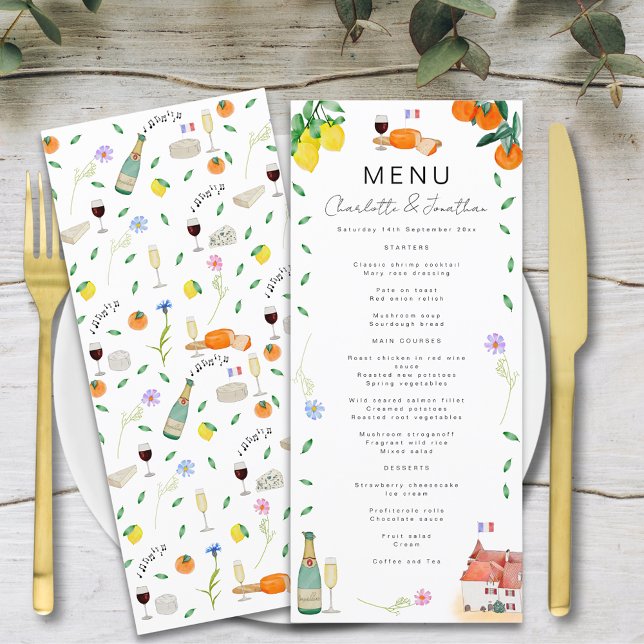 Lemon und Orange French Boho Citrus Wedding Menükarte (Lemon and orange french chateau citrus boho wedding menu watercolor )