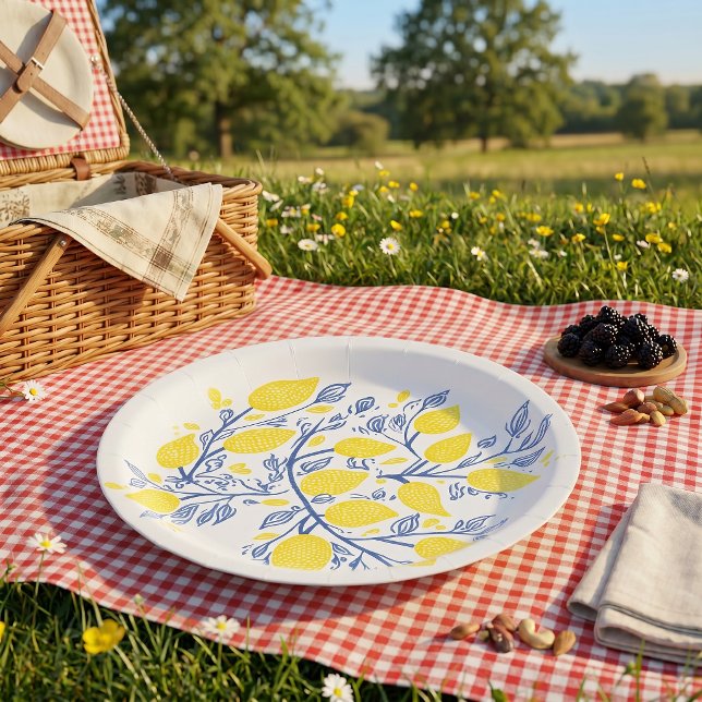 Lemon Vines Holzschnitt Papierplatte Pappteller (Delicate Lemon Vines Woodcut Effect Paper Plate)